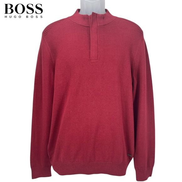 Boss Hugo Boss Men's‎ Large Maroon 1/4 Quarter Zip Pullover Sweater Cotton Wool - Picture 1 of 6